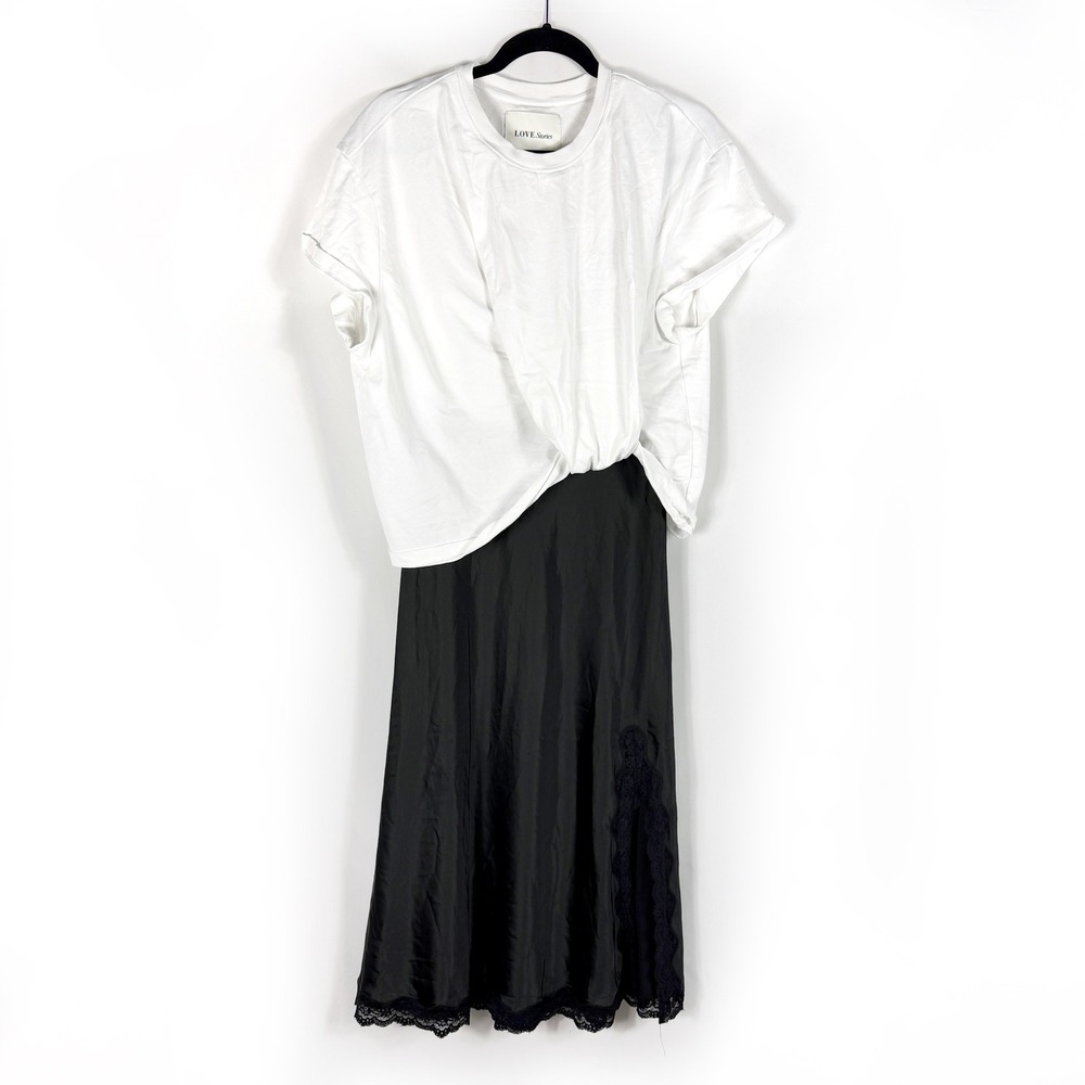 Love Stories Ann T-Shirt Dress Satin Lace Midi White Black Women Sz M - Picture 7 of 16